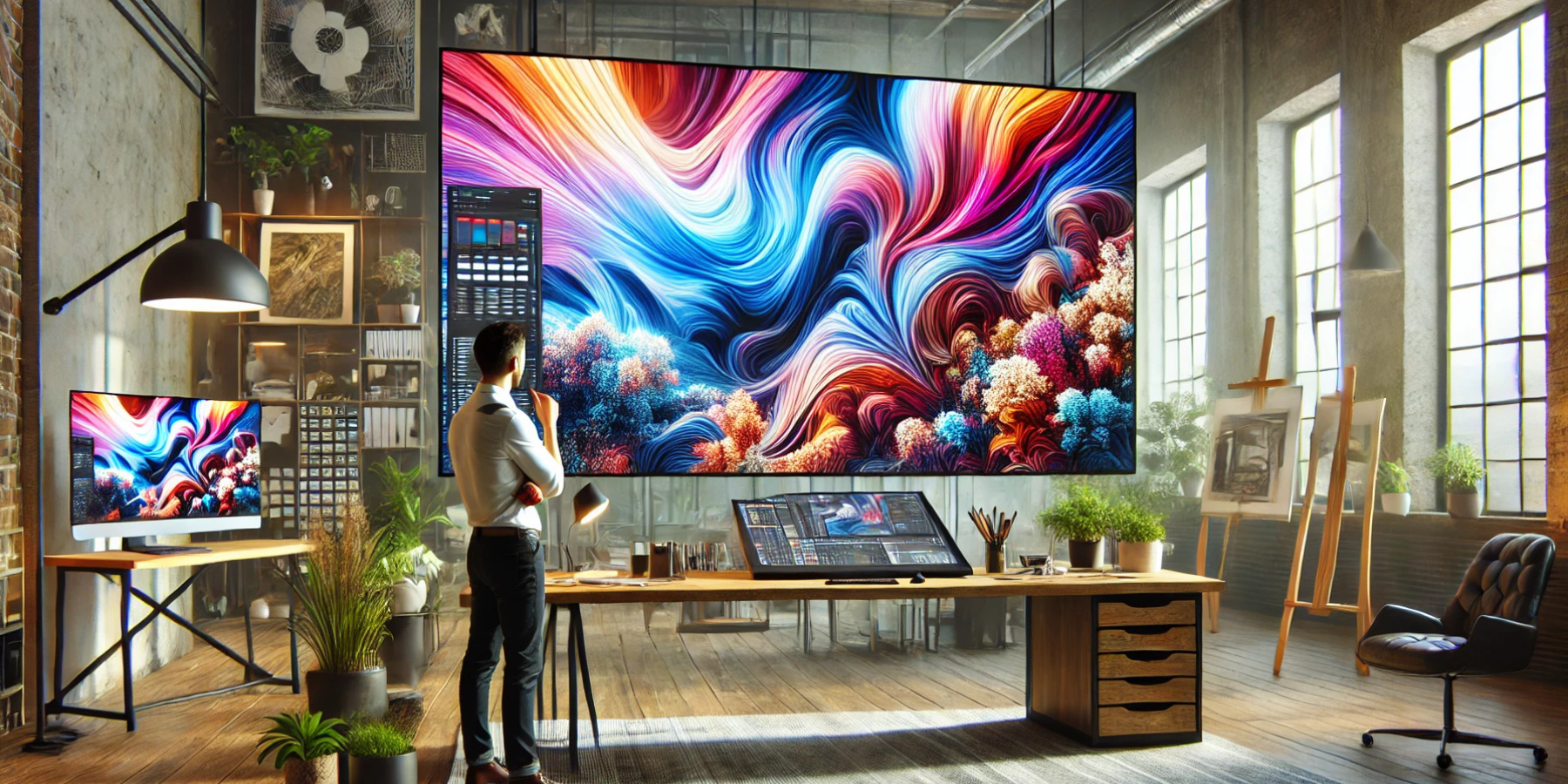 AI-generated image of a creative workspace with a computer displaying an AI-generated image.